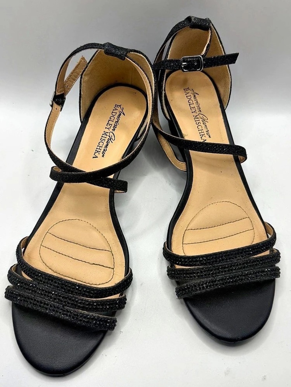 American Glamour by Badgley Mischka Queen Black Glitter Glitter Wedge Sandals- S